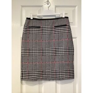Talbots Skirt Houndstooth Red Black Faux Leather Trim Zipper Size 8